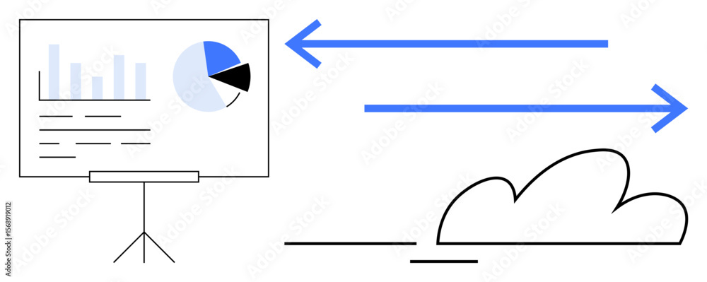 Poster chart on tripod with pie and bar graph, blue arrows pointing both directions above a cloud. ideal fo