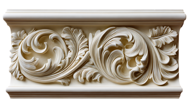 Ornate cream colored baroque acanthus leaf scrollwork architectural molding isolated on transparent background