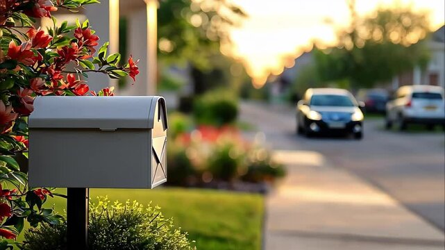 A mailbox next to a sidewalk with flowers and a blurred street in the background during sunset.