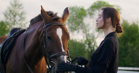 A woman strokes a horse's muzzle and looks lovingly into the animal's eyes