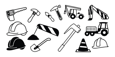 Obraz premium Comprehensive construction industry icon set featuring tools helmets and trucks