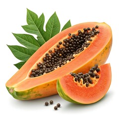 Half papaya with seeds and slice isolated on white background