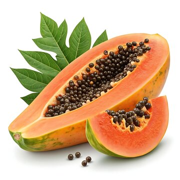 Half papaya with seeds and slice isolated on white background