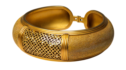 Elegant antique gold cuff bracelet with intricate filigree and textured detailing isolated on transparent background