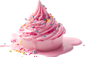 Delicious pink cream swirl topped with colorful sprinkles dripping down in a vibrant dessert setting
