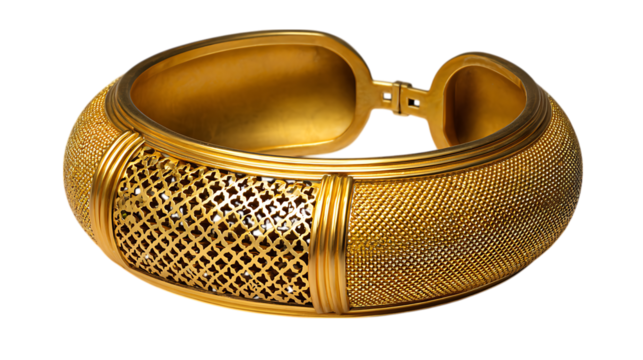 Elegant antique gold cuff bracelet with intricate filigree and textured detailing isolated on transparent background