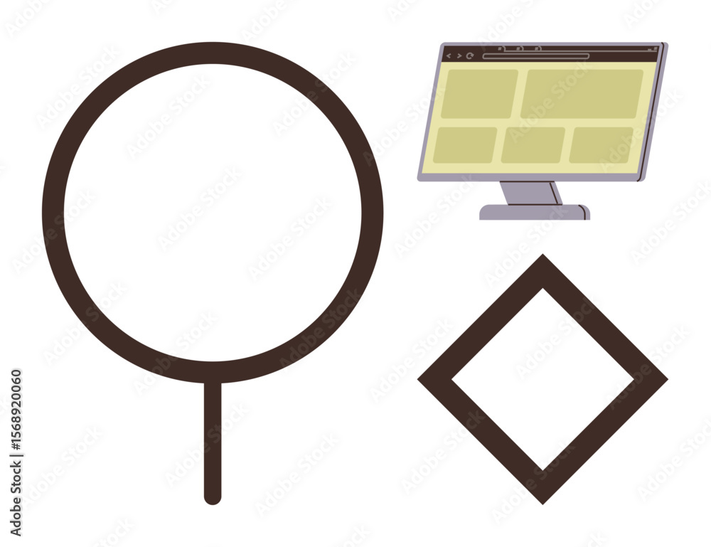 Poster magnifying glass for exploration, computer screen displaying content, and diamond shape symbolizing 
