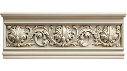 An elegant white wooden crown molding with an ornate floral design, isolated on transparent background