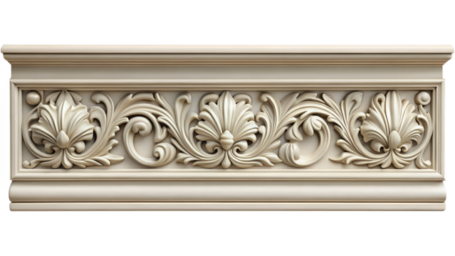 An elegant white wooden crown molding with an ornate floral design, isolated on transparent background