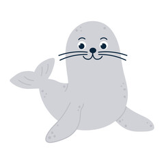 Kawaii cute grey fur seal on white background. Flat hand drawn vector illustration