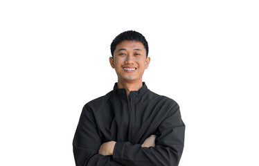 A young Asian man in his 20s wearing a black coat stands confidently with his arms crossed over his chest, isolated on a white background. Positive person.