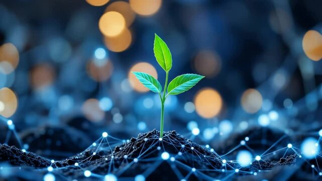 Plants growing. Biotechnology concept. Low poly style design. Abstract blue geometric background. Wire frame light connection structure. 4k video