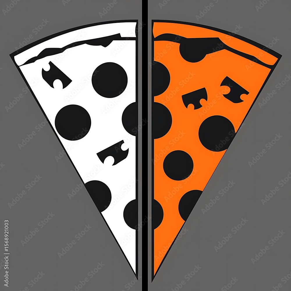 Poster abstract dual pizza slice artwork with contrasting colors and geometric pattern design