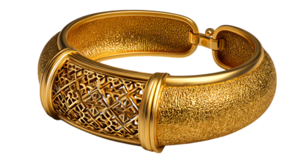 Elegant textured gold cuff bracelet with intricate geometric cutwork and polished trim isolated on transparent background