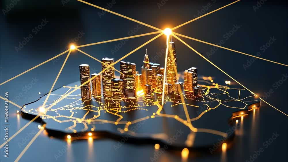 Poster a digitally rendered map with a city skyline, illuminated lines connecting nodes, symbolizing connec