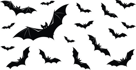 A collection of black bat silhouettes flying against a white background for halloween