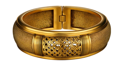 Exquisite ornate gold bangle bracelet with intricate filigree detail and textured finish isolated on transparent background