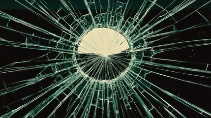 Shattered Glass: Dark Green Radial Fracture Pattern on Black Background - Abstract Texture