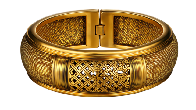 Exquisite ornate gold bangle bracelet with intricate filigree detail and textured finish isolated on transparent background