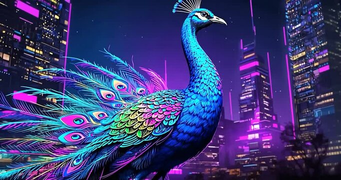 Vibrant peacock in a neon cityscape