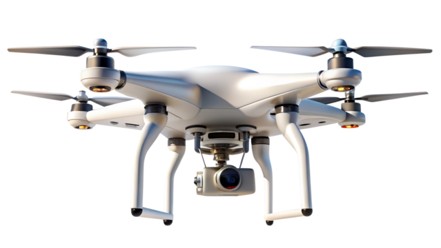 A white drone with a camera, isolated on transparent background