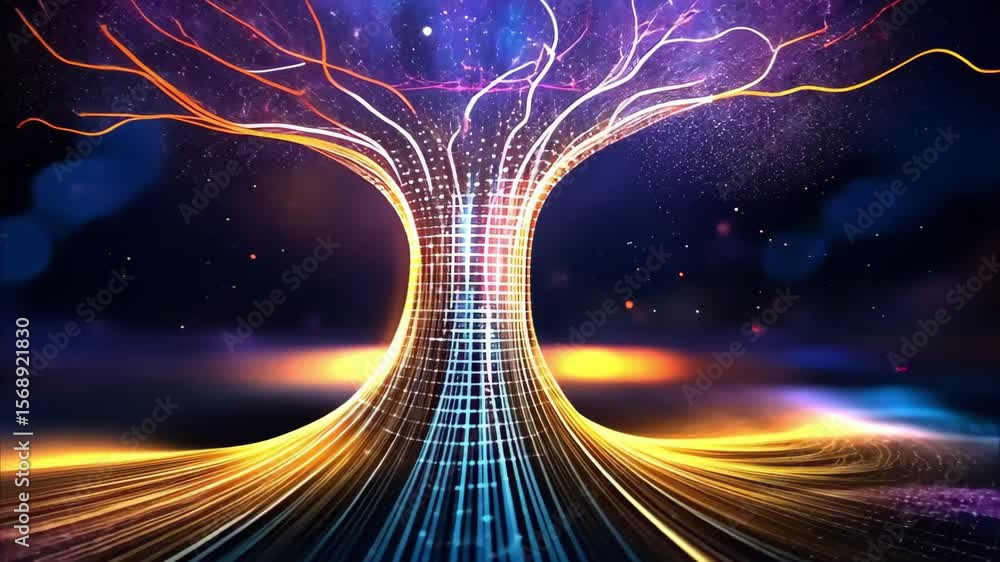 Poster a vibrant, digital tree made of light and data patterns, symbolizing growth and connection in a cosm