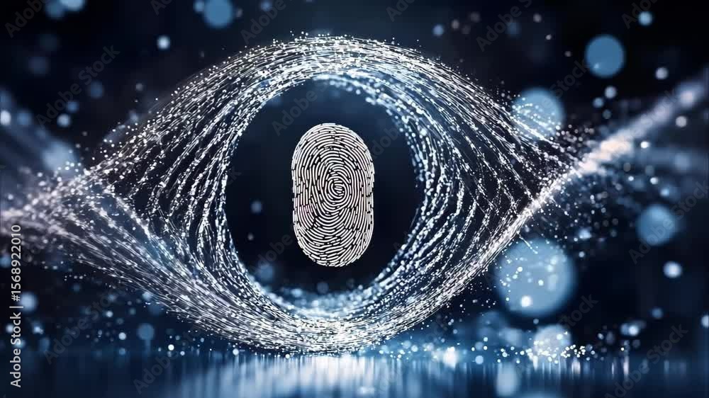 Poster a digital representation of a fingerprint surrounded by swirling particles of light.