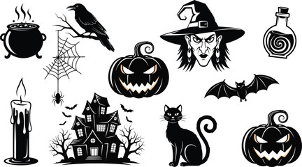 Fototapeta premium Collection of spooky black and white halloween icons including a witch pumpkins haunted house cat and more