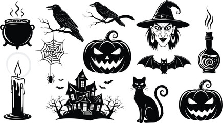 Obraz premium Collection of spooky halloween icons including a witch haunted house black cat and pumpkins