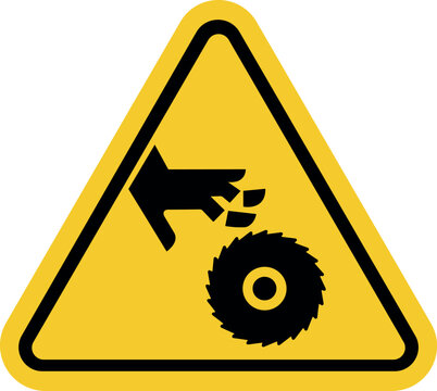 Warning sign for hand or finger injury, yellow triangle caution symbol with rotating blade hazard icon