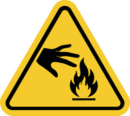 Warning sign for burn hazard, yellow triangle caution symbol