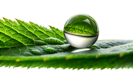 A single, perfectly round drop of water reflects a green leaf, isolated on transparent background
