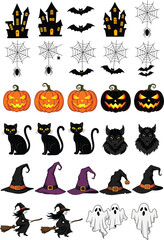 Collection of halloween icons featuring haunted houses spiders bats pumpkins cats witches hats ghosts and werewolves