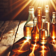Sunlight Refracting Through Glass Bottles on Wooden Surface (2)