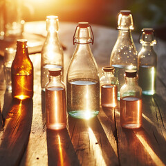 Sunlight Refracting Through Glass Bottles on Wooden Surface