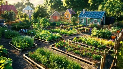 Charming cottage garden with vegetable patches and quaint houses, bathed in warm sunlight. A
