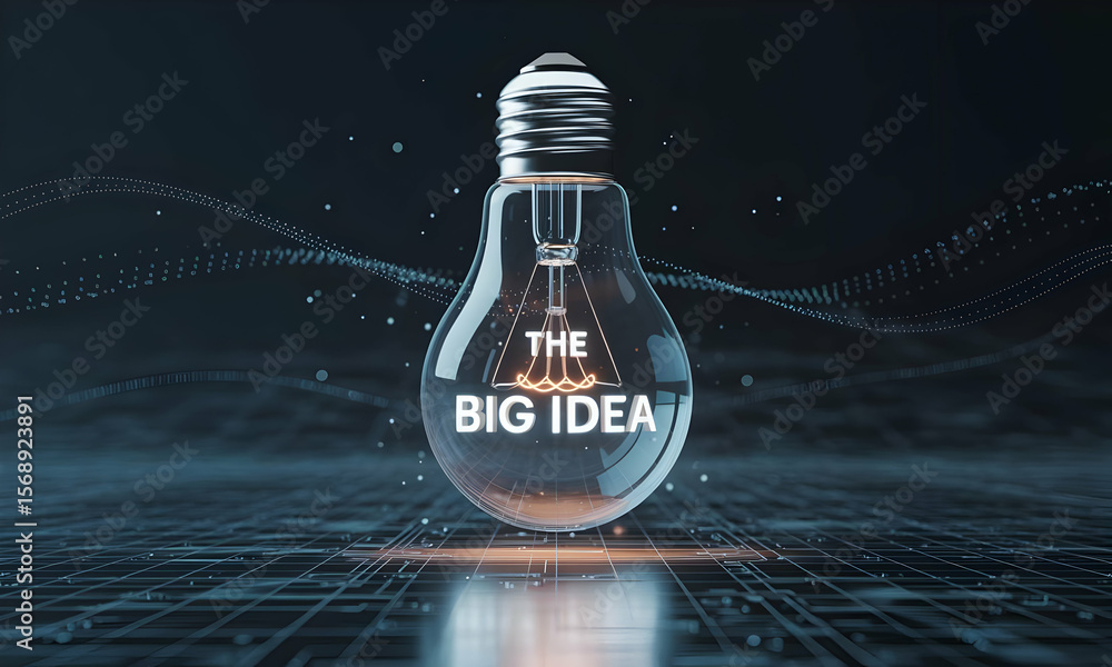 Poster giant lightbulb idea concept illuminating futuristic tech grid with abstract lines, for innovation t