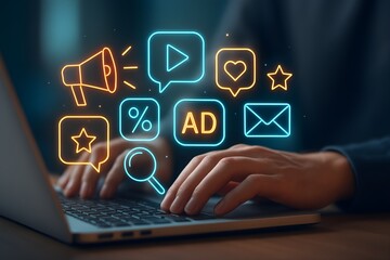 Hands typing on a laptop keyboard with glowing neon digital marketing icons representing social media engagement and online advertising strategies