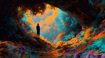 A lone hiker explores a vibrant colorful cave landscape