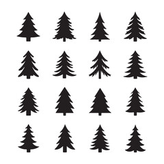 Sixteen Black Silhouette Christmas Trees Varying Heights and Widths Simple Icons Set Isolated on White Background Winter Holiday Design Elements