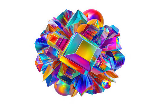 Abstract geometric crystal cluster with spheres isolated on transparent background
