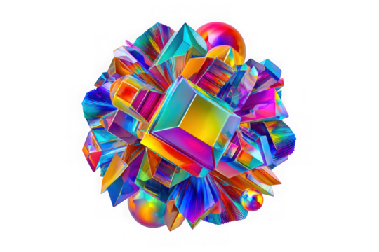 Abstract geometric crystal cluster with spheres isolated on transparent background - Powered by Adobe
