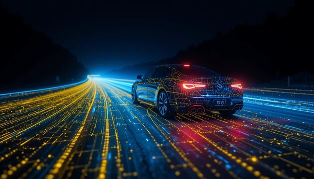 Futuristic Self Driving Car on Illuminated Highway at Night Digital Network Concept