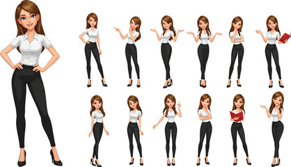 Fototapeta premium Cartoon business woman character poses collection for presentations and marketing