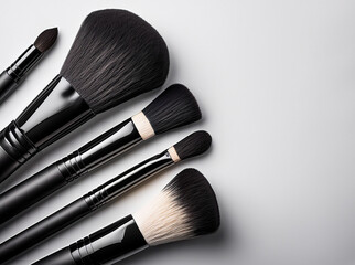 Collection of black-handled makeup brushes arranged on a white background. Various brush types displayed for foundation, blush, powder, and eyeshadow in clean, minimal studio setup.