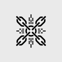 Obraz premium Black and white minimalist vector icon depicting four interconnected chain links radiating from a central circle with stylized lines suggesting movement or connection a symbolic