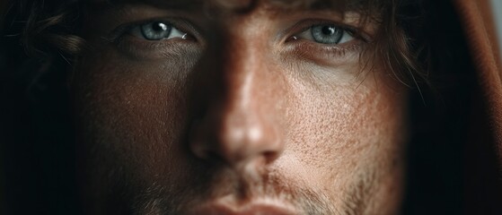 Fototapeta premium Extreme close up of a man's piercing blue eye and textured skin Closeup