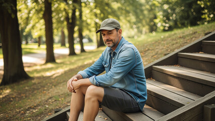 Obraz premium Man wearing blank cap for hat branding mockup