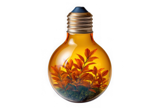 Amber glass lightbulb containing lush green moss and autumnal red leaves isolated on transparent background - Powered by Adobe