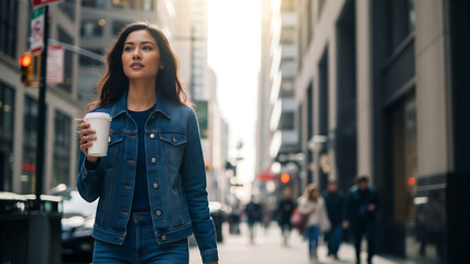 Fototapeta premium Person holding blank coffee cup on urban sidewalk for branding mockup